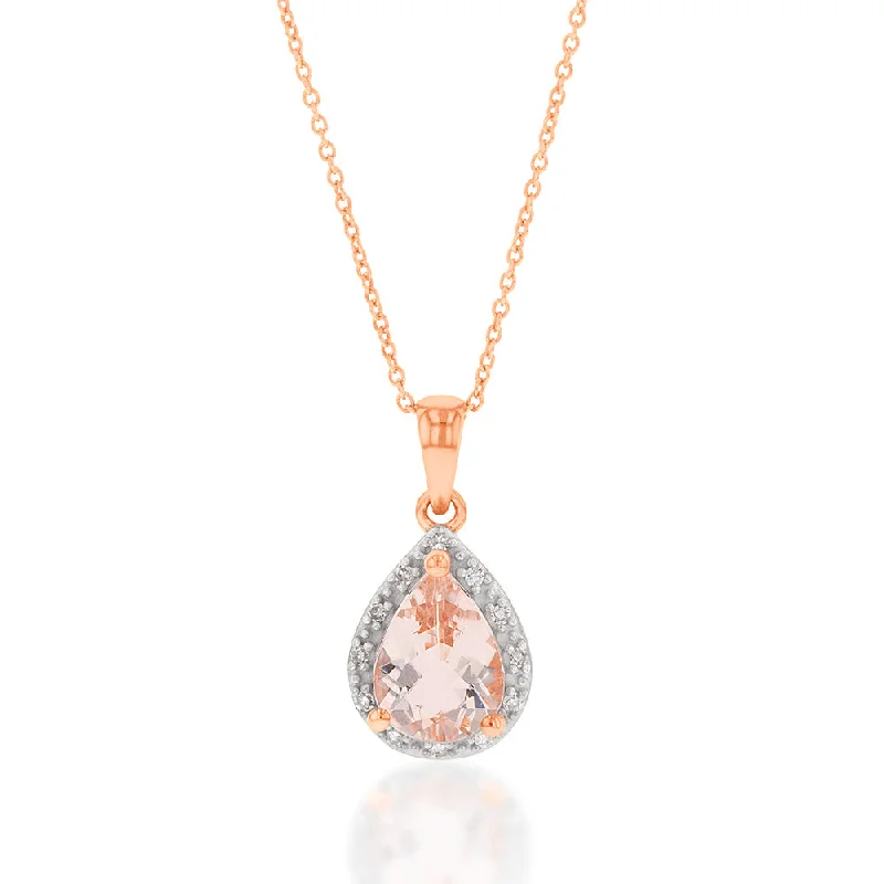 Women’s vintage coin necklace-9ct Rose Gold 1.00ct Morganite 8x6mm Pear & Diamond Pendant with 45cm Chain