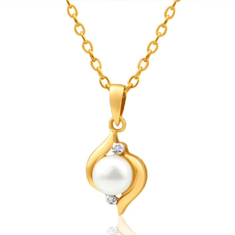 Women’s bold necklace-9ct Dazzling Yellow Gold Diamond + Pearl Pendant