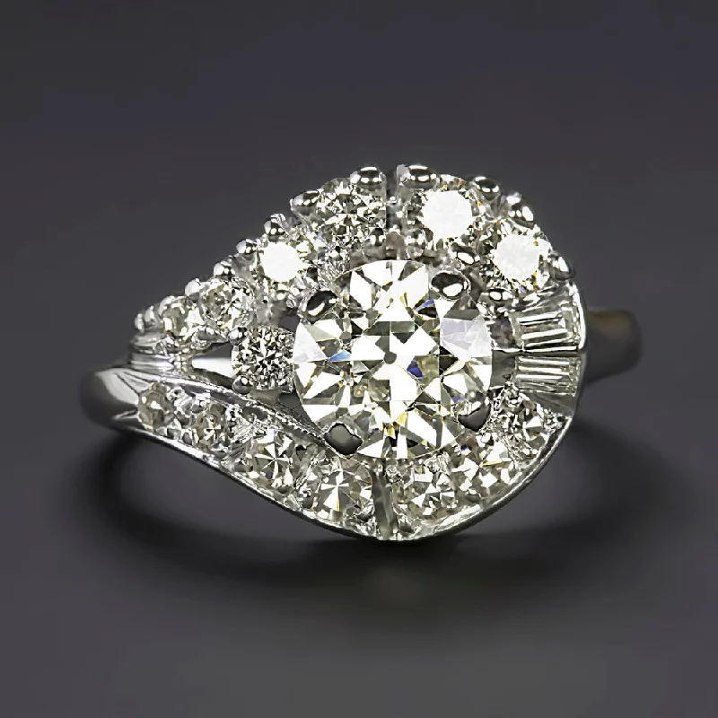 Women’s vintage-inspired diamond engagement ring-1.5ct OLD EUROPEAN CUT DIAMOND VINTAGE COCKTAIL RING 14k WHITE GOLD ESTATE HALO