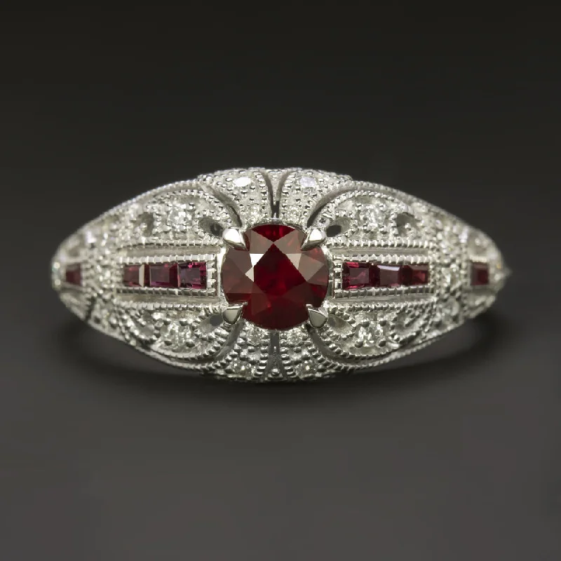 Women’s classic oval engagement ring-VINTAGE STYLE RUBY DIAMOND COCKTAIL RING 14k WHITE GOLD ART DECO DOME NATURAL