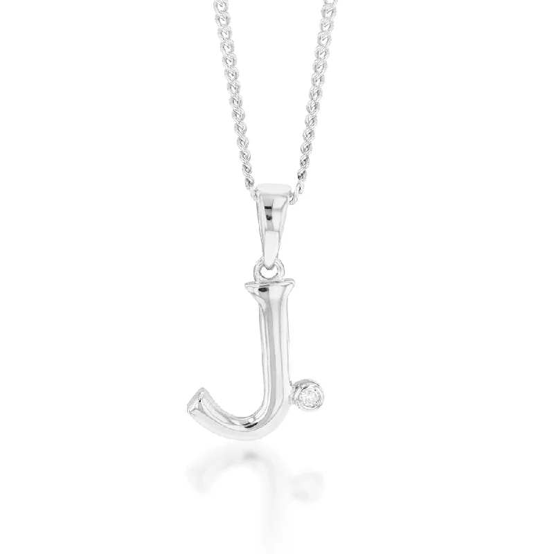 Women’s vintage coin necklace-Silver Pendant Initial J set with Diamond