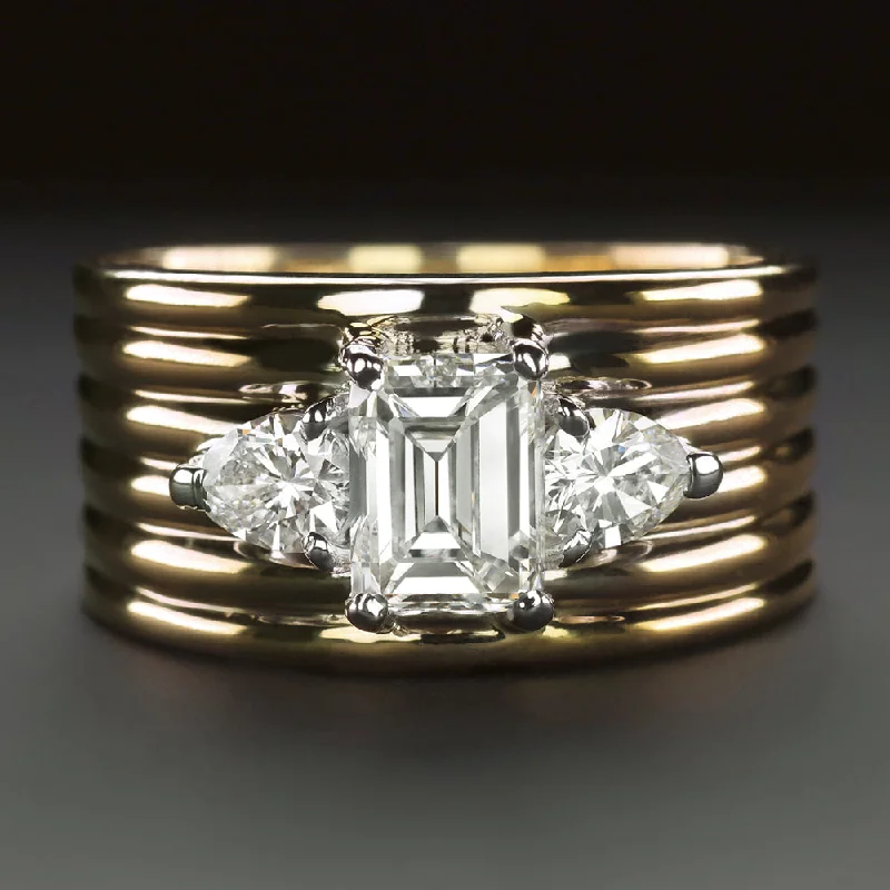 Women’s unique custom engagement ring-1.65ct VINTAGE DIAMOND COCKTAIL RING 18k YELLOW GOLD 3 STONE WIDE CIGAR BAND