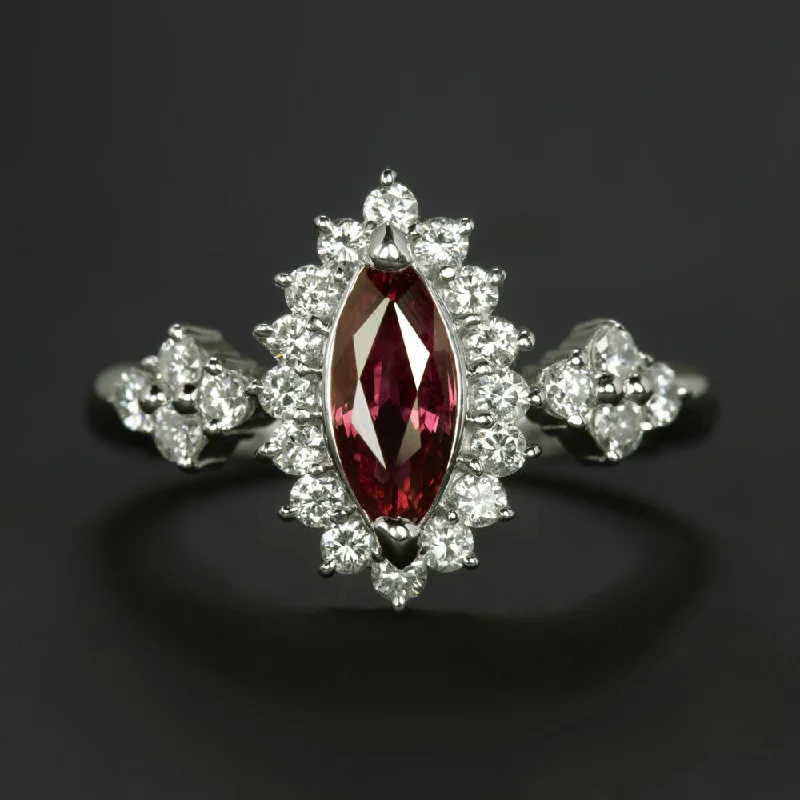 Women’s halo diamond engagement ring-1.37ct MARQUISE RUBY DIAMOND COCKTAIL RING PLATINUM HALO NATURAL CLUSTER RED