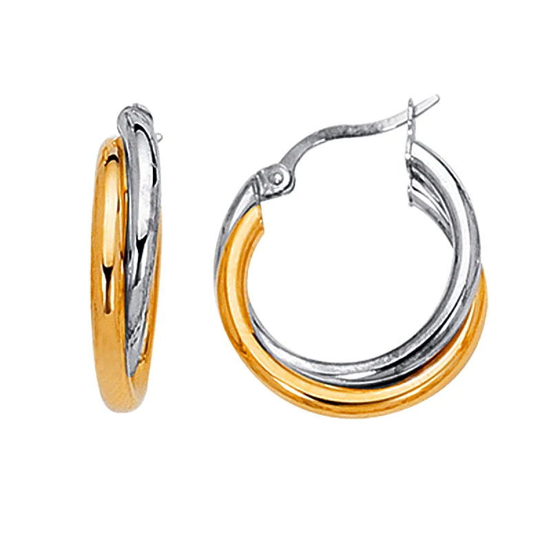 Women’s chandelier drop earrings-14K Yellow And White Gold Two Tone Double Hoop Earrings, Diameter 24mm