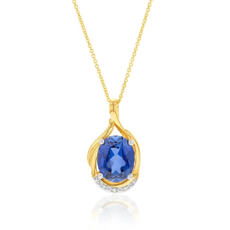 Women’s diamond and gold necklace-9ct Yellow Gold Created Ceylon Sapphire and Diamond Pendant on 45cm Chain