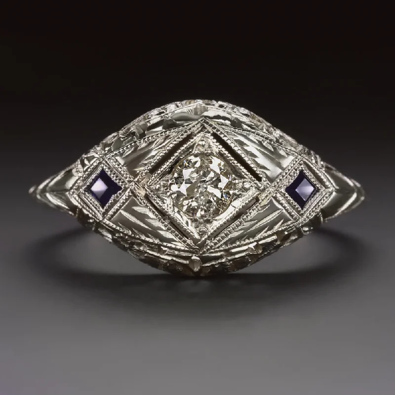 Women’s two-tone engagement ring-ART DECO DIAMOND SAPPHIRE RING 18k WHITE GOLD VINTAGE FLORAL DOME COCKTAIL 1920s