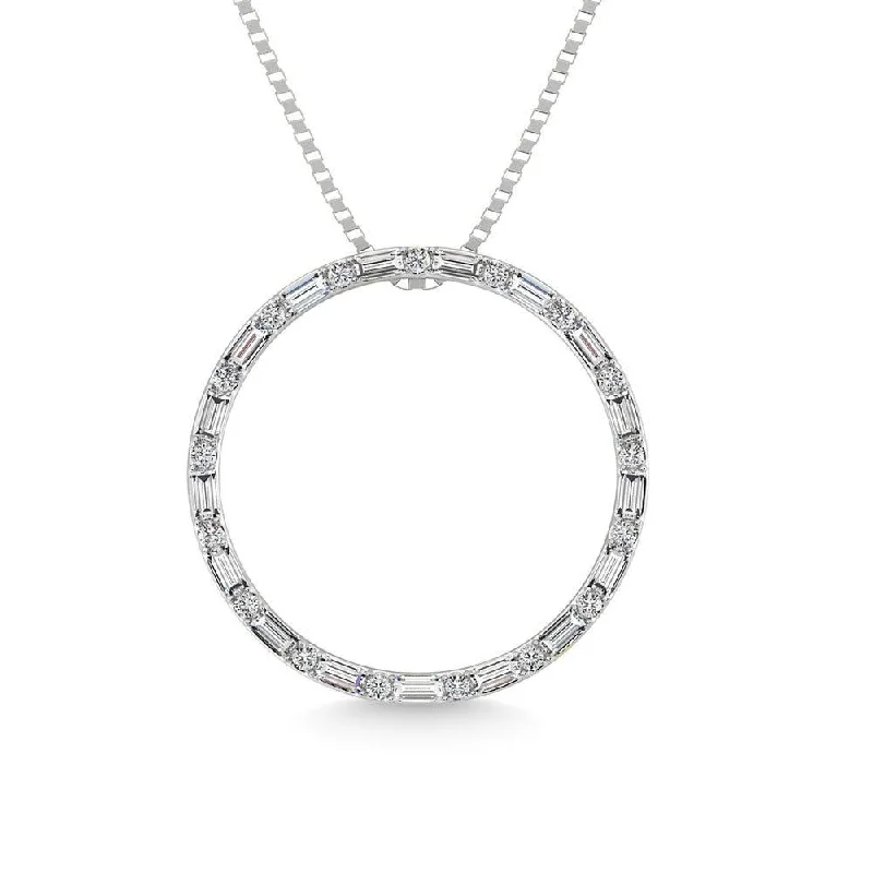 Women’s ruby necklace-Diamond 1/5 Ct.Tw. Round and Baguette Cut Open Circle Pendant in 10K White Gold