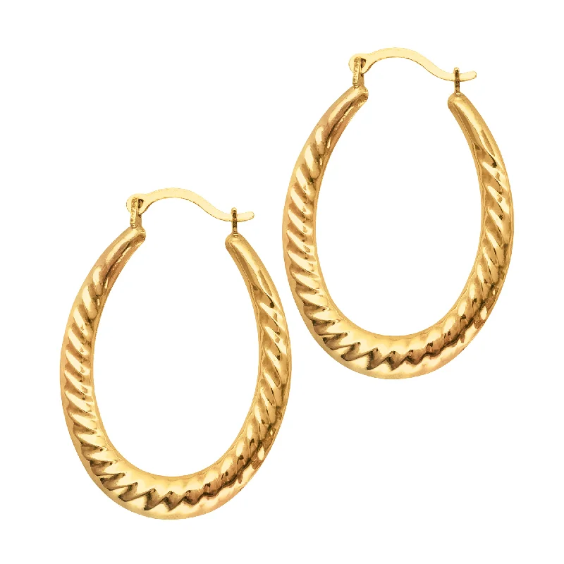 Women’s ruby earrings-14K Yellow Gold Shiny Textured Oval Shape Hoop Earrings, Length 30mm