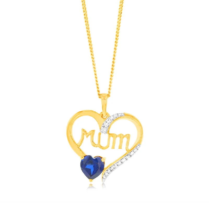 Women’s modern necklace-9ct Yellow Gold Created Heart Sapphire And Diamond Mum Heart Pendant