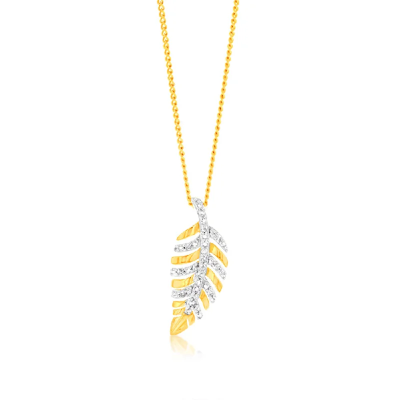 Women’s tennis necklace-9ct Yellow Gold Leaf Shaped Diamond Pendant