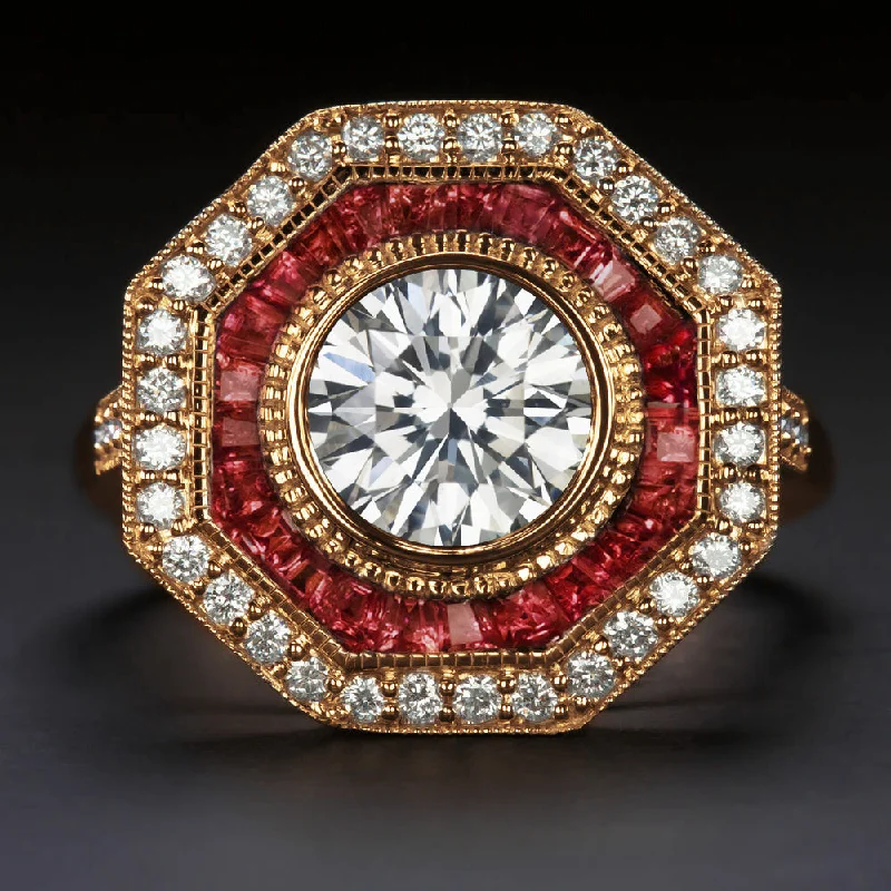 Women’s antique engagement ring-1.5ct DIAMOND RUBY COCKTAIL RING CERTIFIED VINTAGE STYLE HALO ROSE GOLD ROUND