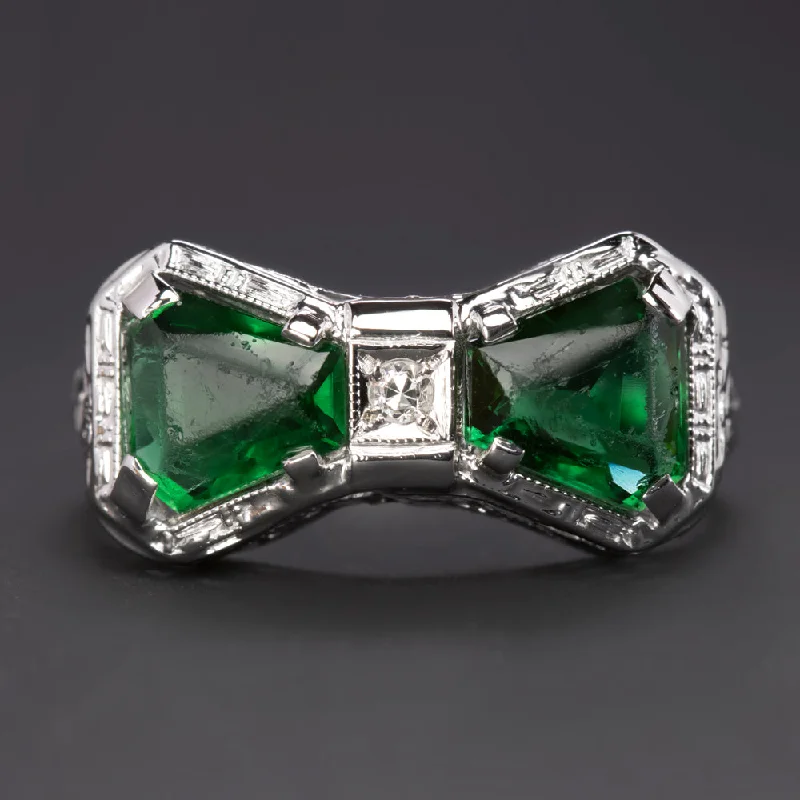 Women’s detailed engagement ring-VINTAGE DIAMOND SYNTHETIC EMERALD BOW RING FILIGREE 14k WHITE GOLD COCKTAIL