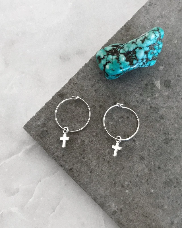 Women’s chandelier earrings-Small Cross Hoop Earrings  - Sterling Silver