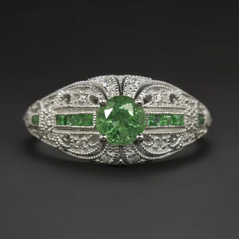 Women’s matching engagement ring-VINTAGE STYLE EMERALD DIAMOND COCKTAIL RING 14k WHITE GOLD ART DECO DOME NATURAL