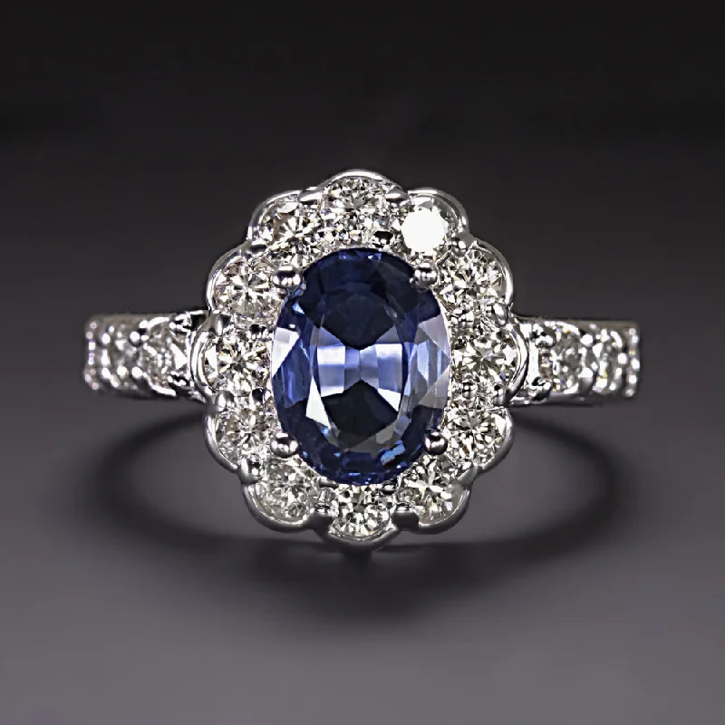 Women’s two-tone engagement ring-2.55c SAPPHIRE DIAMOND COCKTAIL RING GIA CERTIFIED SCALLOPED HALO 14k WHITE GOLD