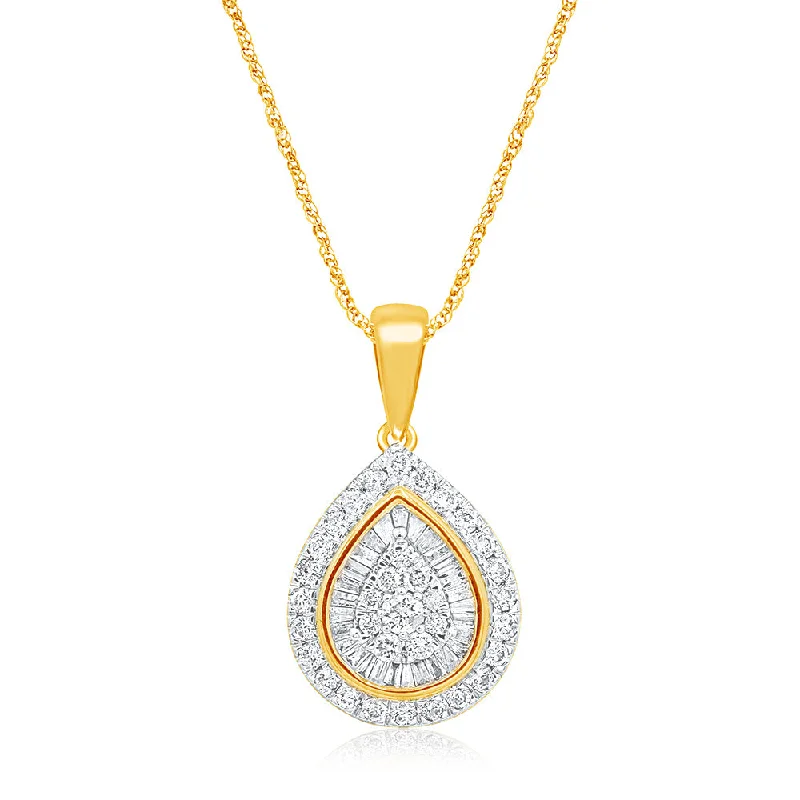 Women’s sterling silver necklace-9ct Yellow Gold 1 Carat Diamond Pear Shape Pendant with 62 Diamonds on 9ct 45cm Chain