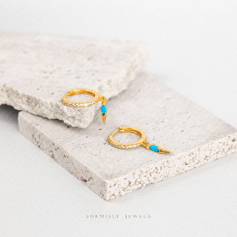 Women’s gold earrings-Spike Turquoise CZ Hoop Earrings, Gold, Silver SHEMISLI SH373