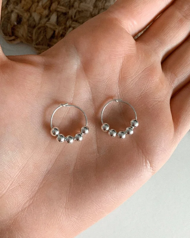 Women’s geometric earrings-Beaded Hoop Earrings  - Sterling Silver