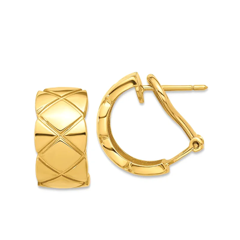 Women’s classic gold earrings-18K Real Yellow Gold Criss Cross Omega Back C-Hoop Earrings, 17mm Diameter