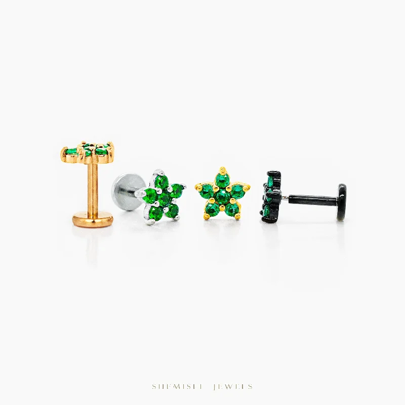 Women’s rose gold earrings-Tiny 5 Petal Flower with Emerald Stones, Threadless Flat Back Earrings, 20,18,16ga, 5-10mm Unisex, Surgical Steel SHEMISLI SS572