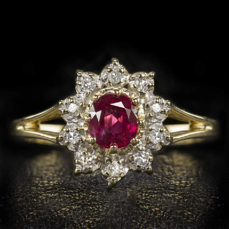 Women’s halo engagement ring-VINTAGE RUBY DIAMOND COCKTAIL RING OVAL HALO 14k YELLOW GOLD NATURAL ESTATE