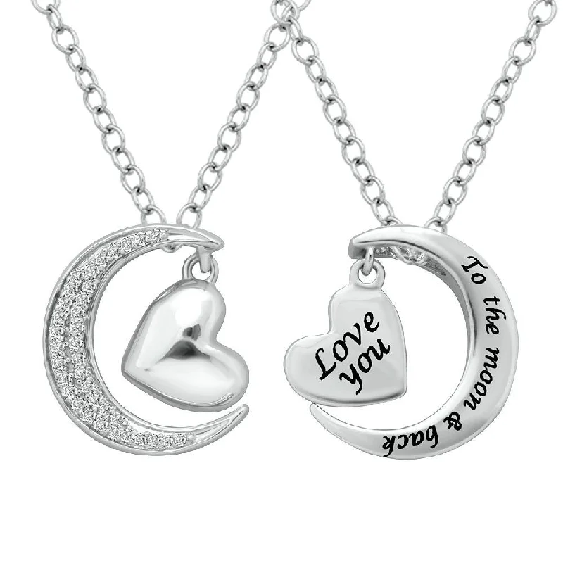 Women’s silver necklace-Sterling Silver 1/8 Ctw Diamond Heart  & Moon Pendant