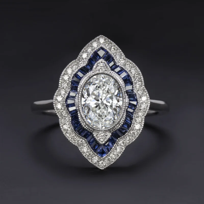 Women’s eternity diamond engagement ring-DIAMOND SAPPHIRE COCKTAIL RING GIA CERTIFIED VINTAGE STYLE DOUBLE HALO OVAL 1ct