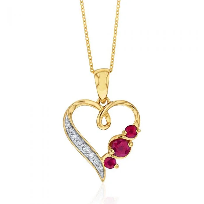 Women’s fashion statement necklace-9ct Yellow Gold Natural Ruby & Diamond Heart Pendant On 45cm Chain