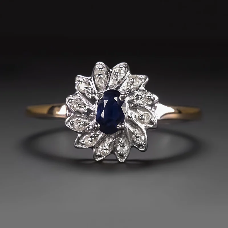 Women’s platinum diamond engagement ring-VINTAGE SAPPHIRE DIAMOND COCKTAIL RING BALLERINA GALAXY TWO TONE 14k GOLD ESTATE