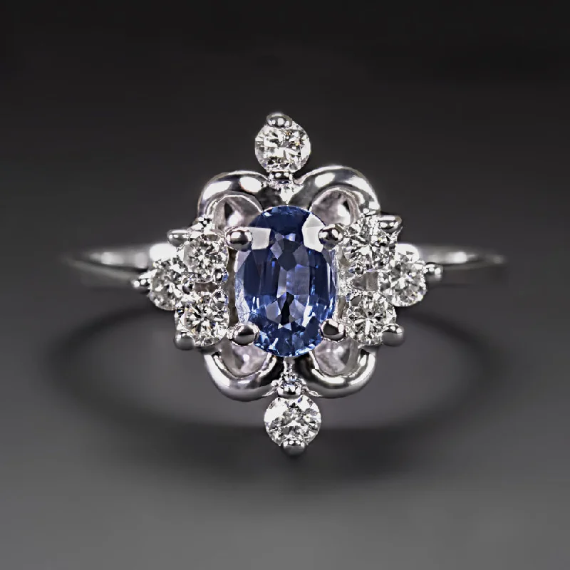 Women’s custom diamond engagement ring-SAPPHIRE DIAMOND COCKTAIL RING 14k WHITE GOLD NATURAL CLUSTER HALO BALLERINA