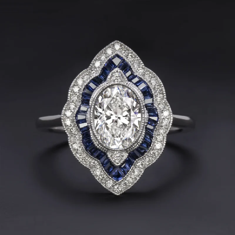 Women’s matching engagement ring-1.20c DIAMOND SAPPHIRE COCKTAIL RING GIA CERTIFIED F SI2 VINTAGE STYLE HALO OVAL