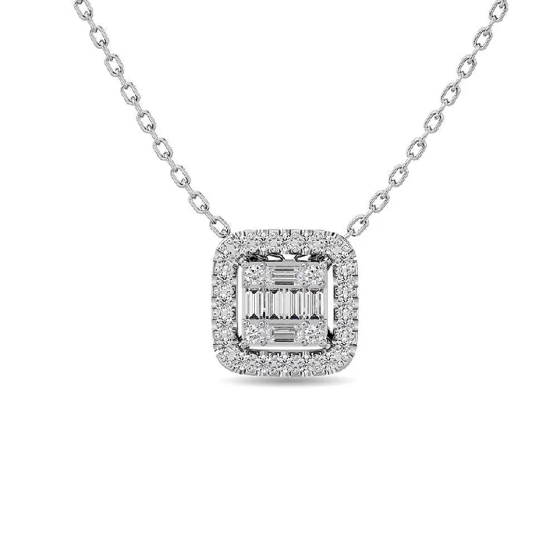 Women’s gold coin necklace-Diamond 1/4 Ct.Tw. Round and Baguette Fashion Pendant in 14K White Gold