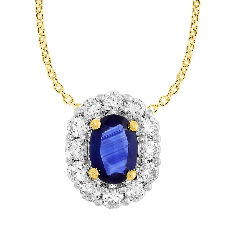 Women’s layered necklace-18ct Yellow Gold Natural Sapphire & Diamond Pendant with 45cm Chain