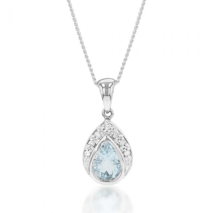 Women’s pearl necklace-9ct White Gold Aquamarine + 7 Diamond Pendant