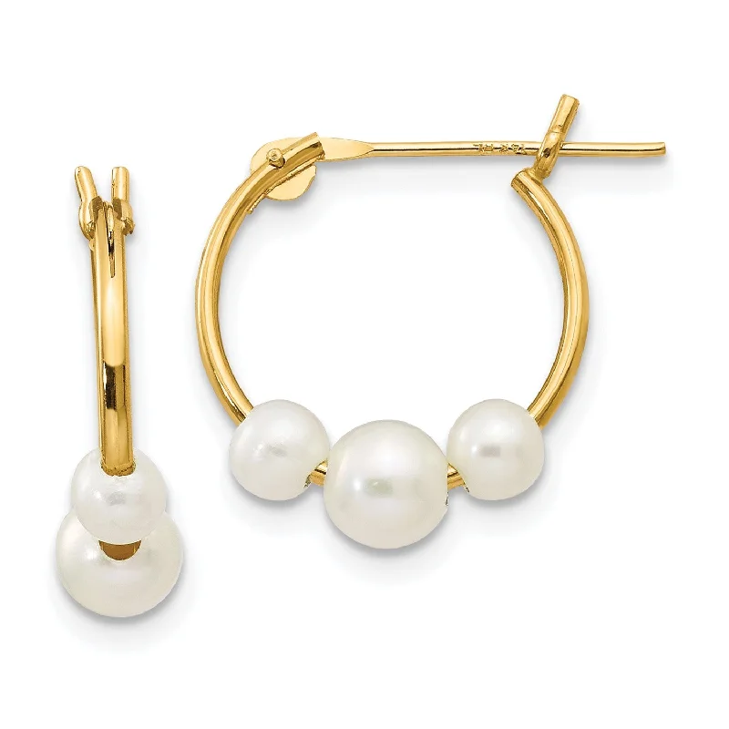 Women’s modern hoop earrings-14k Real Yellow Gold and White Semi Round Freshwater Cultured 3 Pearl Hoop Earrings, 15mm