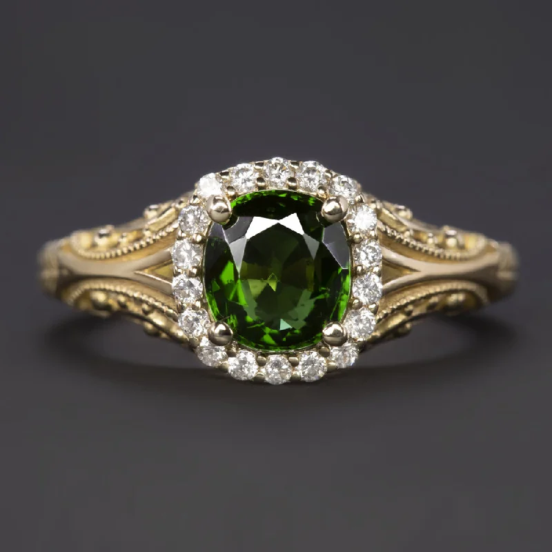 Women’s luxury engagement ring-VINTAGE STYLE GREEN TOURMALINE DIAMOND COCKTAIL RING YELLOW GOLD HALO CUSHION