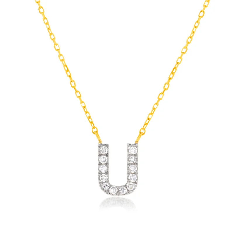 Women’s charm necklace-Luminesce Lab Diamond U Initial Pendant in 9ct Yellow Gold with Adjustable 45cm Chain