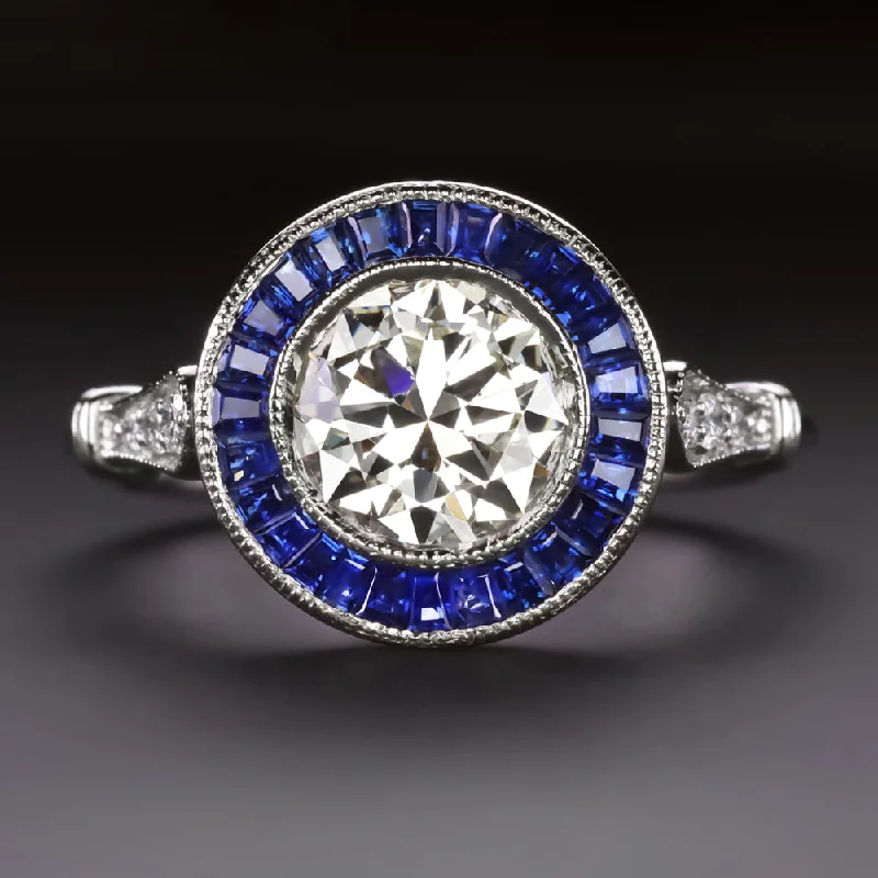 Women’s unique custom engagement ring-1.21ct OLD CUT DIAMOND SAPPHIRE RING VINTAGE STYLE ART DECO TARGET WHITE GOLD