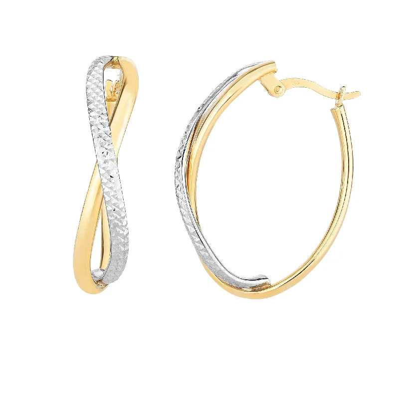 Women’s long drop earrings-14K Yellow And White Gold Diamond Cut Two Tone Infinity Oval Hoop Earrings