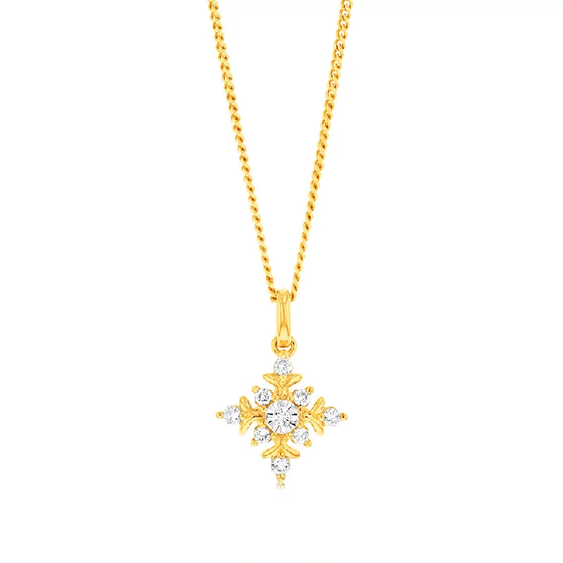 Women’s cubic zirconia necklace-Luminesce Lab Grown 9ct Yellow Gold 1/10 Carat Diamond Snowflake Pendant