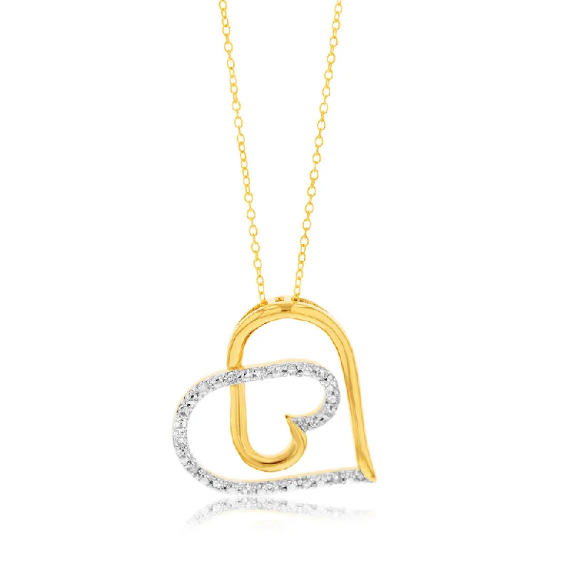 Women’s engraved gold necklace-1/10 Carat Diamond Heart Pendant in Gold Plated Silver