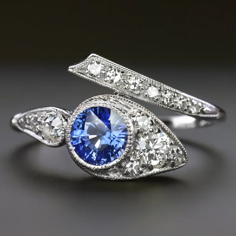 Women’s heirloom engagement ring-VINTAGE SAPPHIRE DIAMOND SNAKE RING PLATINUM EDWARD PETRI MID CENTURY COCKTAIL