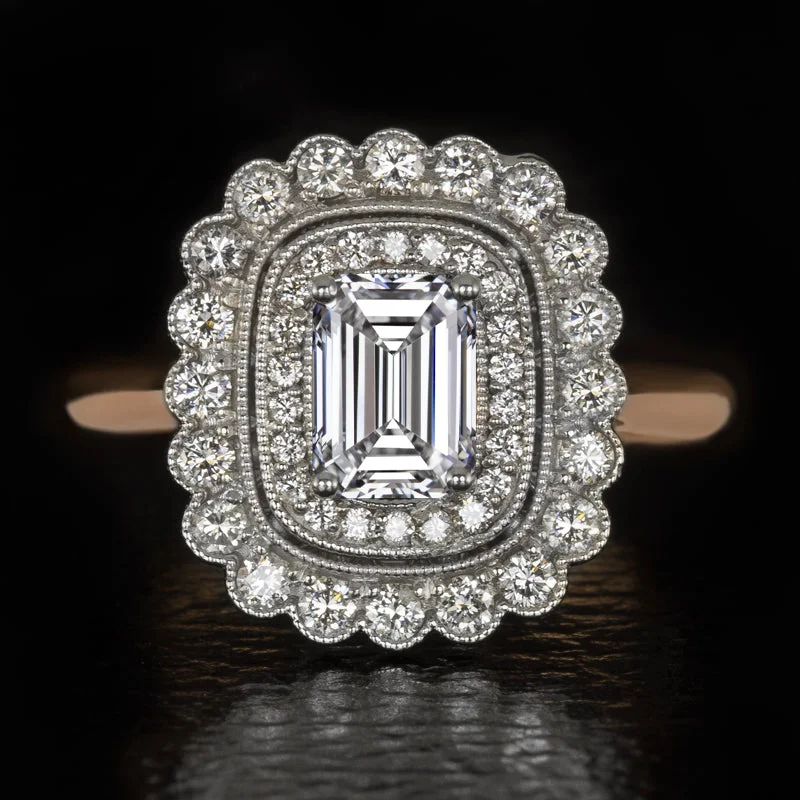 Women’s geometric engagement ring-VINTAGE STYLE LAB CREATED DIAMOND COCKTAIL RING DOUBLE HALO EMERALD CUT 1.5ct