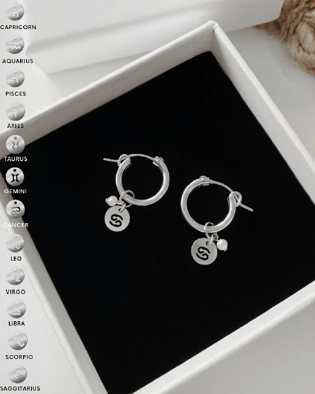 Women’s crystal earrings-Freshwater Pearl Zodiac Thick Hoop Earrings  - Sterling Silver