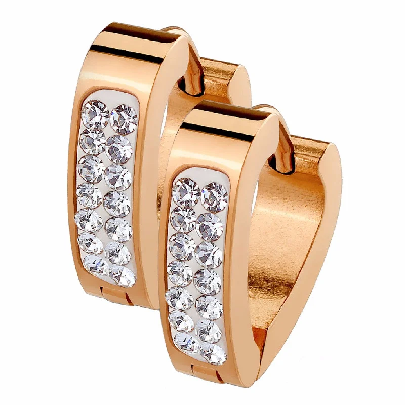 Women’s timeless earrings-Pair of Clear Crystal Paved Triangle Shape Rose Gold IP Stainless Steel Hoop/Huggie Earrings