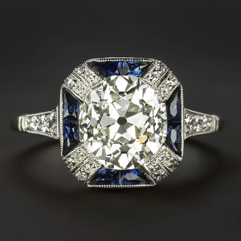 Women’s yellow gold engagement ring-2.5ct OLD MINE CUT DIAMOND SAPPHIRE RING ART DECO VINTAGE STYLE PLATINUM HALO