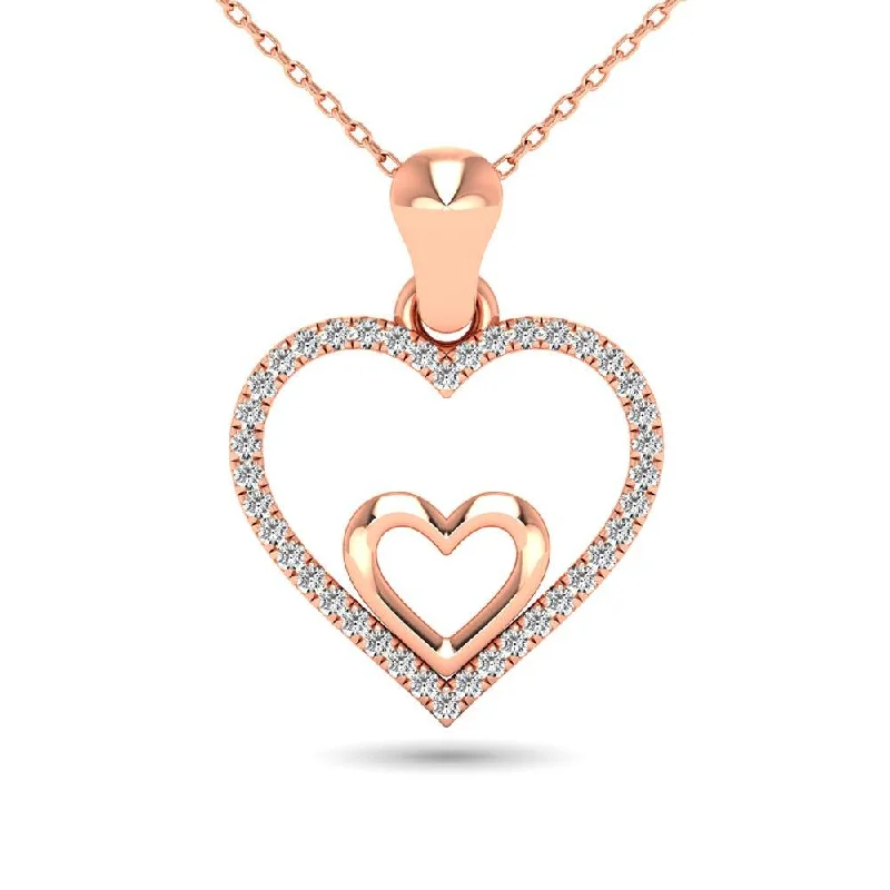 Women’s vintage-inspired necklace-10K Rose Gold 1/10 Ctw Diamond Double Heart Pendant