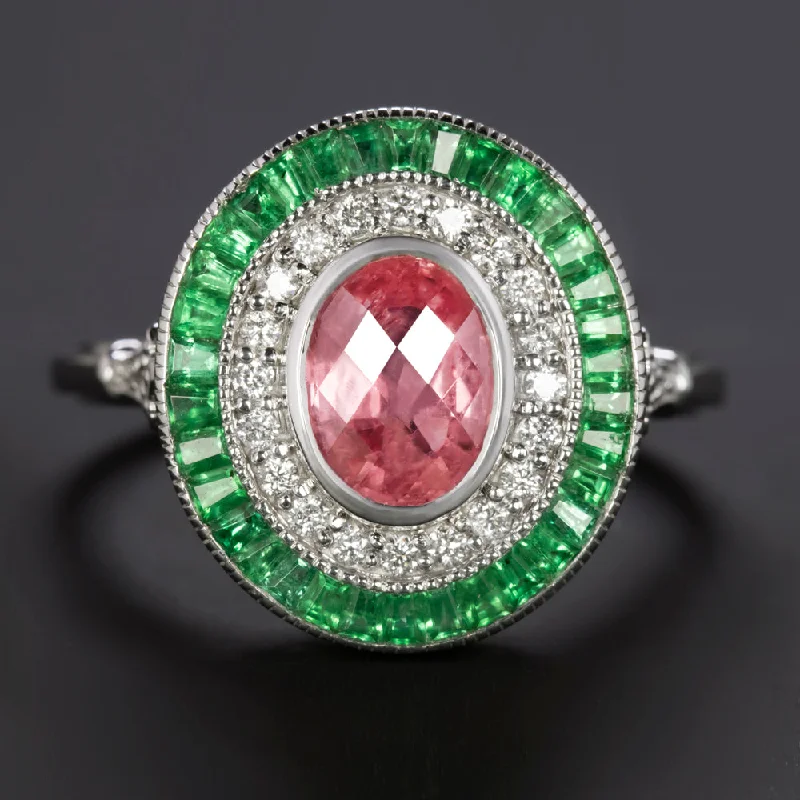 Women’s vintage-inspired diamond engagement ring-PINK SAPPHIRE DIAMOND EMERALD COCKTAIL RING DOUBLE HALO NATURAL 14k WHITE GOLD