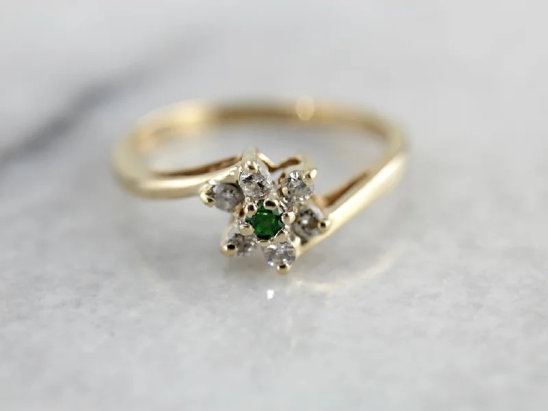 Women’s luxury engagement ring-Dainty Demantoid Garnet and Diamond Flower Ring, Bypass Style