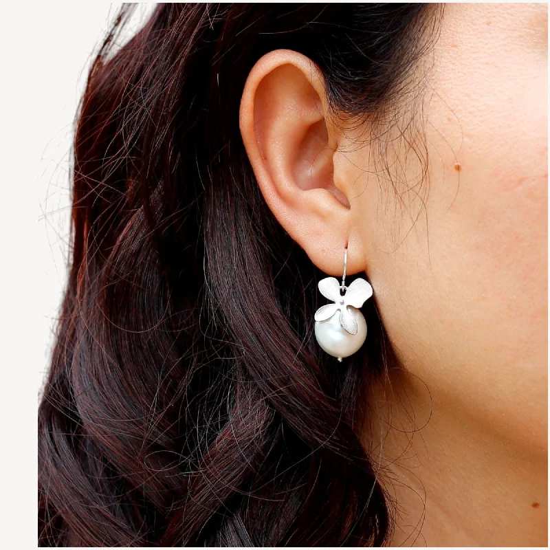 Women’s statement pearl earrings-Orchid Coin Pearl Earrings